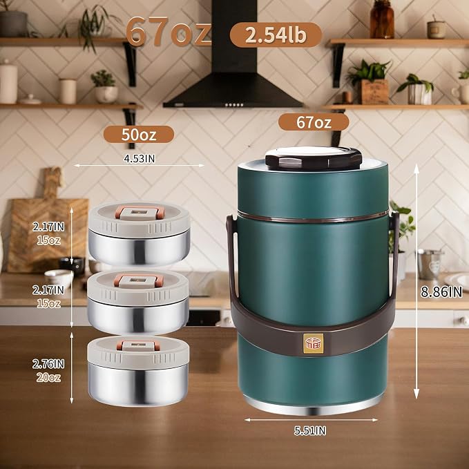 67 oz Adults Stainless Steel Vacuum Insulated Wide Mouth Soup Food Thermo Hot Food Jar with Keep Thermal Portable 3 Tier Stackable Bento Hot Food Containers Lunch Boxes (67 oz Green)