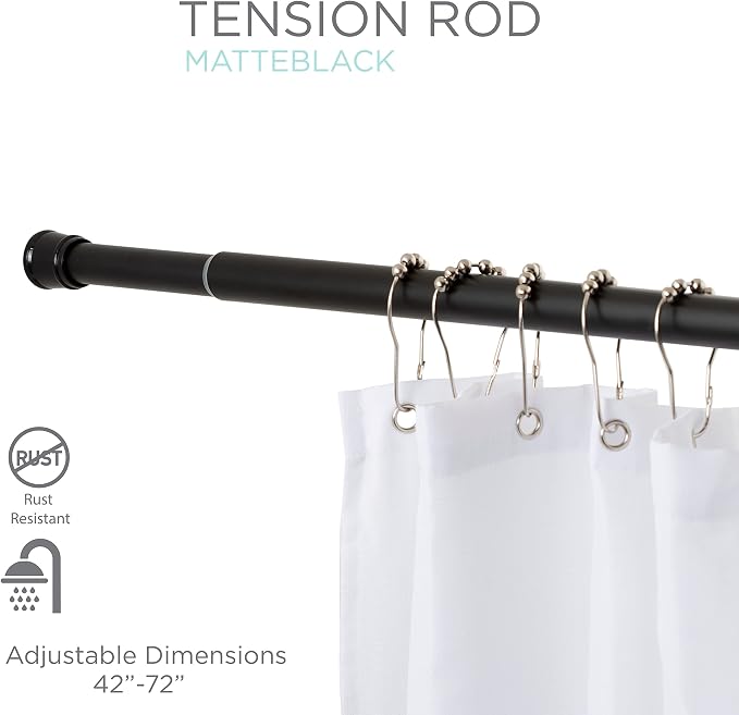 Tension Curtain Rod | Spring Loaded | Adjustable Expandable 42”-76” | Bathroom Shower Rod | Closet Pole | Room Divider | No Rust | No Drilling | Matte Black