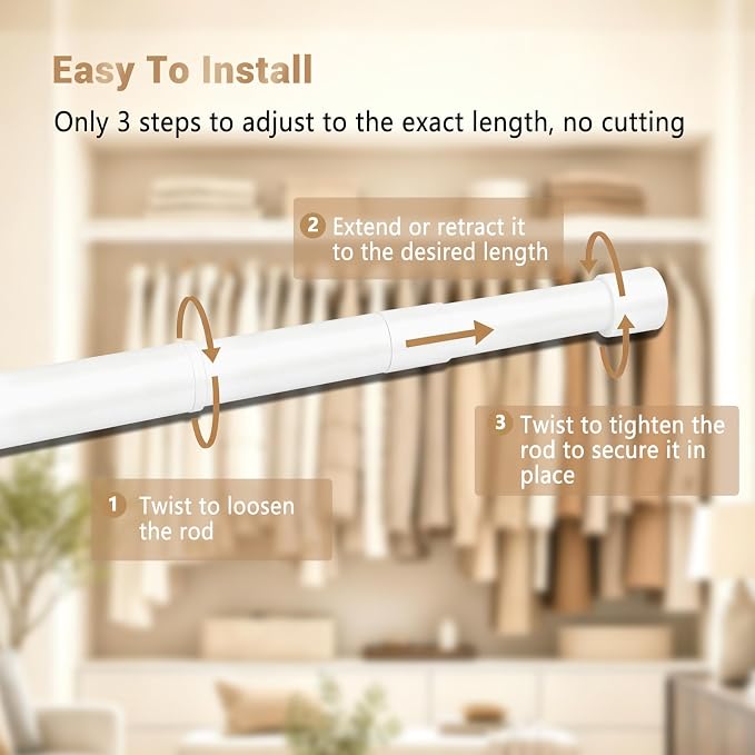 Closet Rod Adjustable 17-38”, Heavy Duty Hanging Clothes Rod, White | 1-1/4” Diameter, Stepless Metal Closet Bar, Wall-Mounted, For Hanging Clothes, Walk-In Closet, Wardrobes, Laundry Room, RV