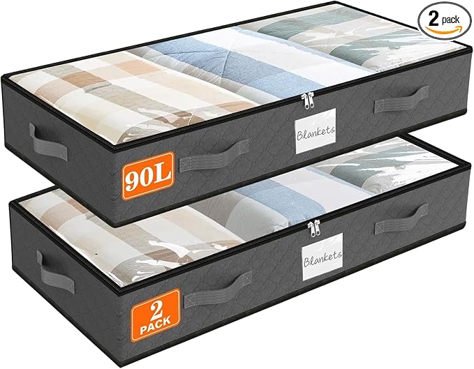 SpaceWhisper 90L Under Bed Storage Containers, 2-Pack Storage Bins with Clear Top, Foldable Closet Organizers and Storage with Label Holder for Clothing, Blankets, Comforter & Pillows (Grey)