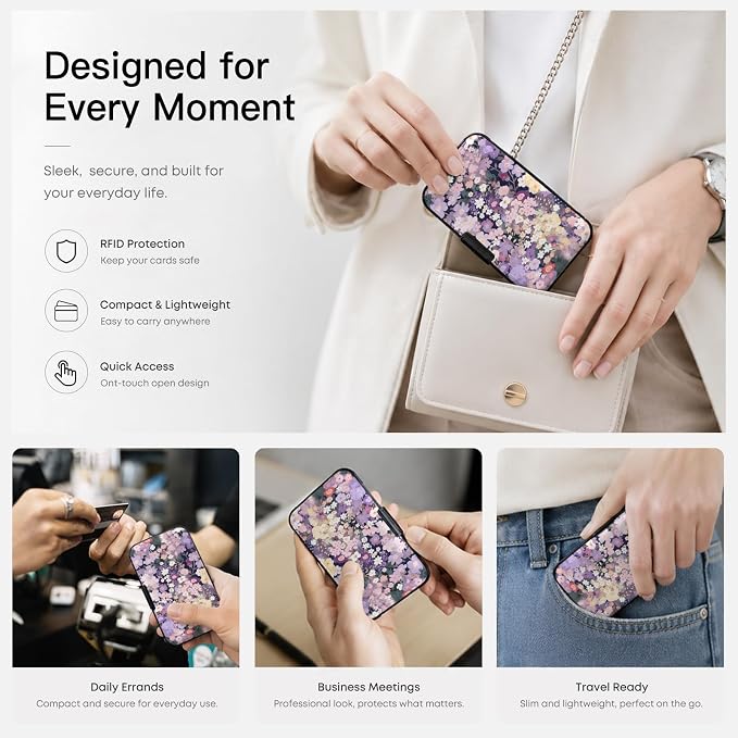 Credit Card Holder RFID Aluminum card case Floral 2 mini Wallet Women Men | ABS Business ID Case,Hard Case Large Capacity 6 Slots, Waterproof Durable ，Secure Closure Slim Small Credit Card Protector