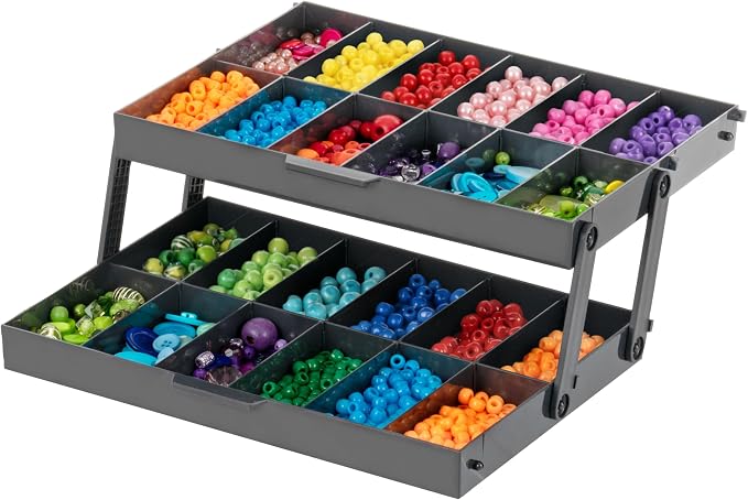 IRIS USA 2-Tier Drawer Organizer |Made in USA| 22 Dividers - Charcoal | Expandable Multi-Level Collapsible Organization Storage for Crafts, Makeup, Jewelry, Office & Garage