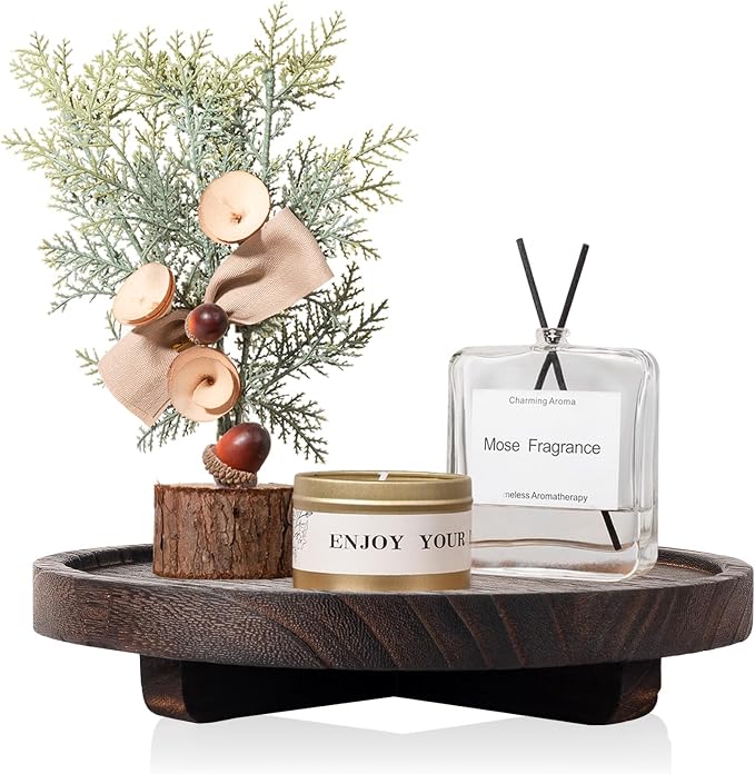 Round Decorative Tray Farmhouse Kitchen Decor Soap Dish, 8" Bark Brown | Waterproof, Lightweight, Easy Clean, Wood Riser Pedestal Stand Accessories for Office Desk, Vanity, Counter, Sink