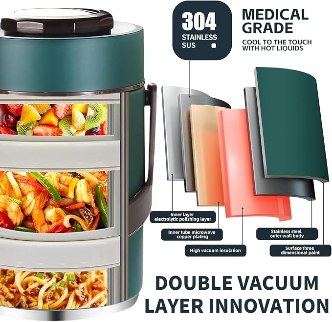 67 oz Adults Stainless Steel Vacuum Insulated Wide Mouth Soup Food Thermo Hot Food Jar with Keep Thermal Portable 3 Tier Stackable Bento Hot Food Containers Lunch Boxes (67 oz Green)
