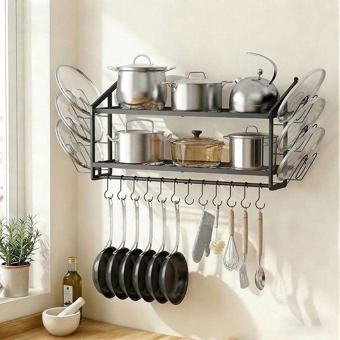 30"Pot Rack Wall Mounted with 6 Pot Lid Holders,12 Hooks for Hanging Pans | 2 tier black heavy duty metal shelves for pots and pans organizer,200lbs capcity, space saving for apartment, neat countertop