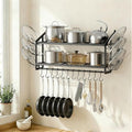 30"Pot Rack Wall Mounted with 6 Pot Lid Holders,12 Hooks for Hanging Pans | 2 tier black heavy duty metal shelves for pots and pans organizer,200lbs capcity, space saving for apartment, neat countertop