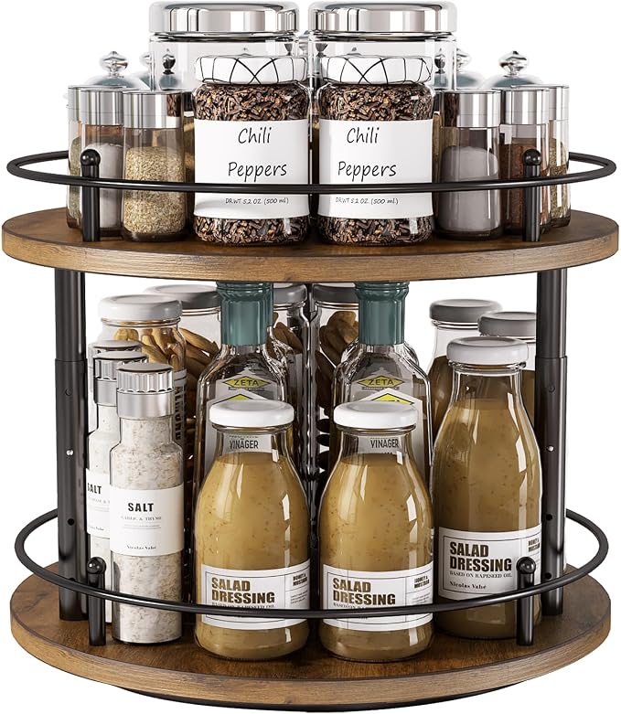 2 Tier Lazy Susan Organizer,2-Tier Spinning Spice Rack with Stable Carousel Base & 4 Height Settings for Cupboard Kitchen Countertop Dining Table Cupboard (Two-Ply(Round))