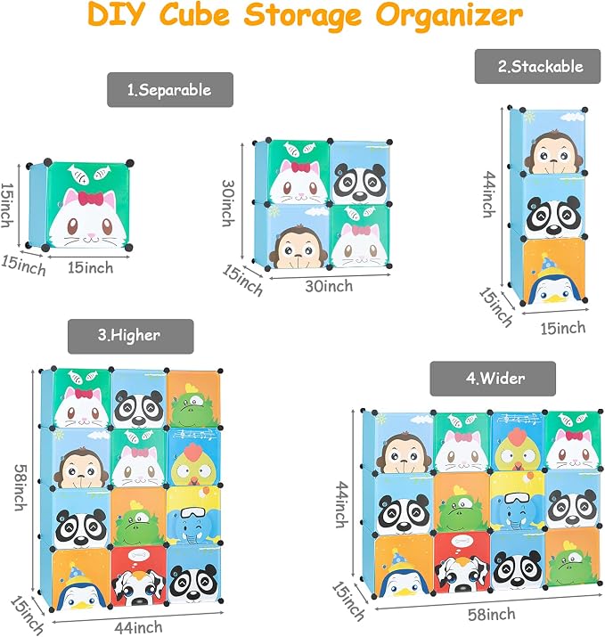 12 Cubes Storage Organizer,Portable Closet Wardrobe,Plastic Clothes Storage Shelves,Modular Bookcase Closet Cabinet,with Doors,for Kitchen, Bedroom, Playroom, Living Room, Office, Dorm (Blue)