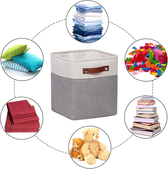 Fabric Storage Cubes 10.5x10.5x11in, Cube Storage Bins Organizers | Small storage cubes, Foldable Storage Basket, For Shelves Closet Organizers, with PU Leather Handle, , 6 Pack, Grey