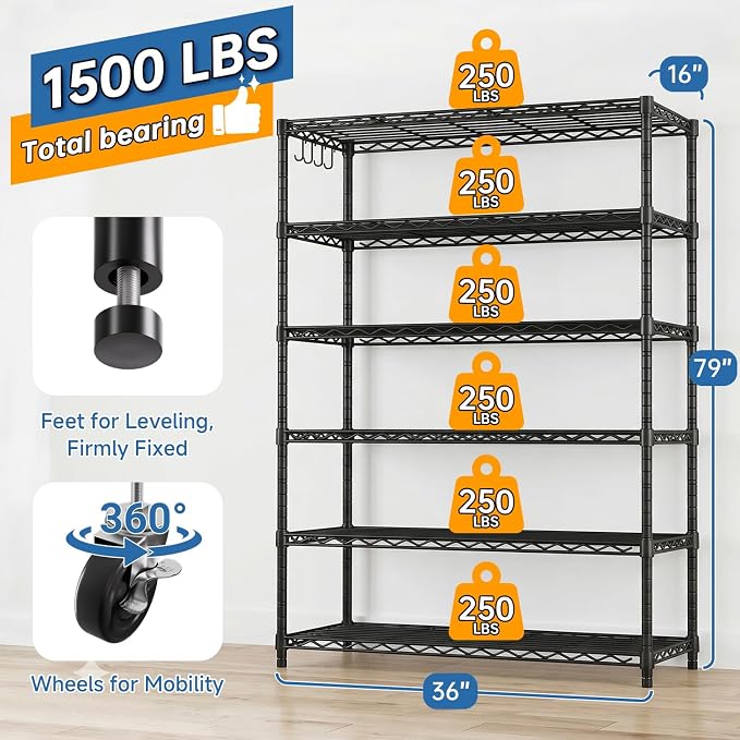 79''H Wire Shelving 1500lbs 6 Tier Storage Shelves with Wheels NSF Certified Heavy Duty Steel Metal Shelf Adjustable Rolling Rack Kitchen Garage Closet Pantry Laundry 36" Wx16 Dx79 H