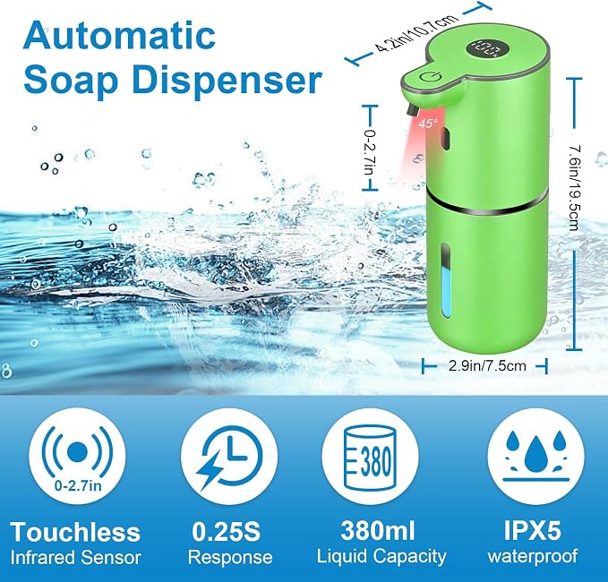 OHIFAST Automatic Liquid Soap Dispenser Touchless, USB Rechargeable Smart Hand Soap Dispenser, 6-Level Adjustable, 12.8oz/380mL Wall Mounted for Bathroom Kitchen Accessories Dish Soap-Green