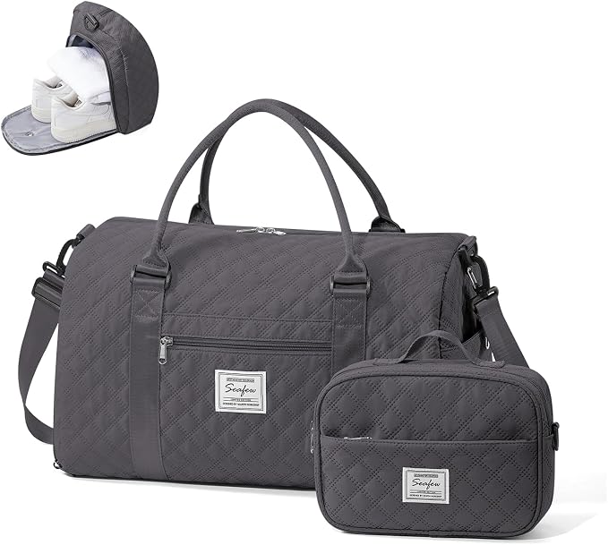 Gym Duffle Bag for Women with Shoe Compartment Waterproof Travel Tote Bags Personal Item Carry On Weekender Overnight Bags with Toiletry Bag Swimming Yoga Bags Hospital Holdalls Black Grey