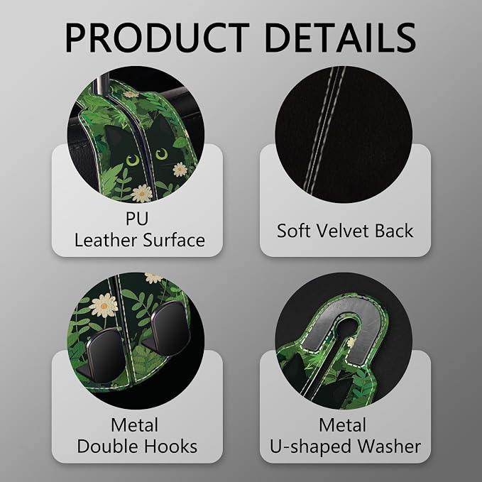Blusabaca 2PCS Car Seat Headrest Hooks, Purses Bags Holder, Black Cat | PU Leather, Double Metal Back Storage Hangers for Grocery Bags Handbags Bottles Coats Phones, Car Accessories Organization