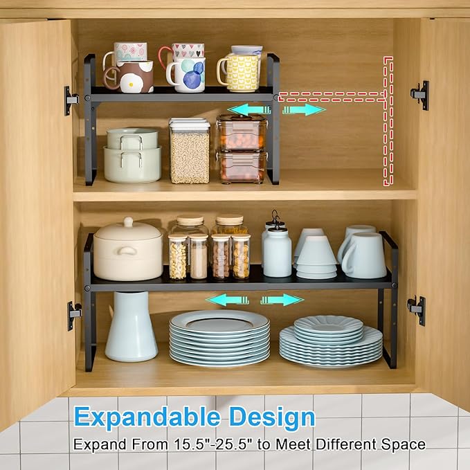 15.5 to 25.5 Inch Expandable Kitchen Cabinet Organizer Shelf, 2 Pack 30 LBS Heavy Duty Adjustable Kitchen Counter Storage Shelves Organizers,Stackable Small Storage Shelf Rack For Cabinet Cupboard