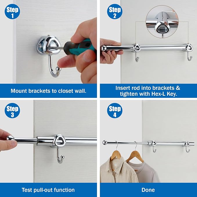 Valet Rod for Closet Pull Out with Hooks, Easy To Install (Chrome, 14 Inch)