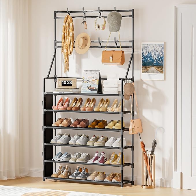OYREL Shoe Rack 6 Tier Shoes Organizer 24-30 Pairs | Shoe Racks for Closet Front Door Entrance Large Capacity Space Saving Shoe Storage Organizer with Hooks and Side Pocket