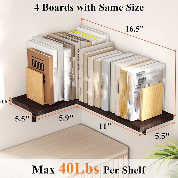 Love-KANKEI Corner Wall Shelf Set of 4,Solid Wood/Bracket,16.5"x 11",Brown | Easy to Install,Floating Wall Shelves,40 Lbs/shelf,For Bedroom Living Room Bathroom Kitchen Office,Storage Display,Wall Decor