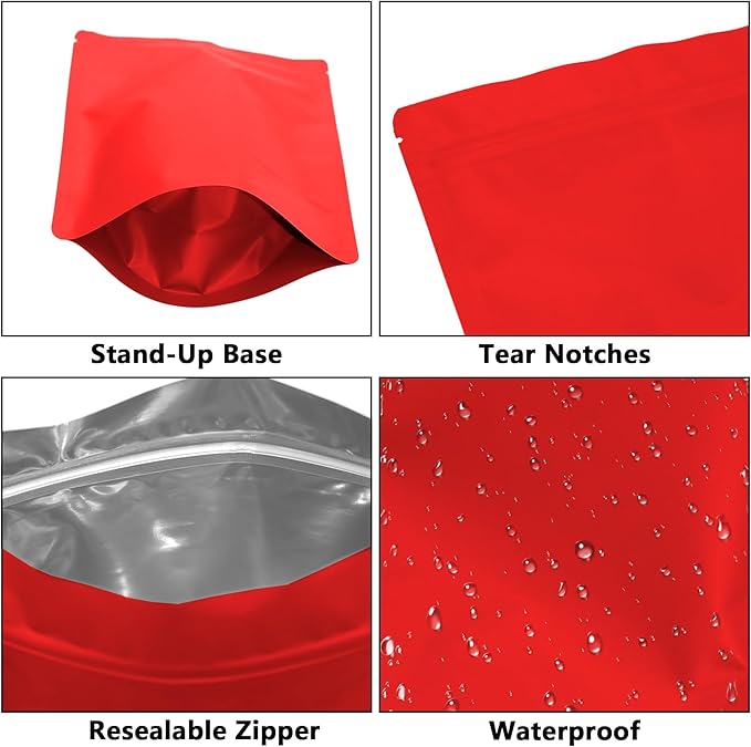 50PCS Smell Proof Resealable Pouch Bags,ULIFESTAR Aluminum Foil Flat Food Storage Bag,Sealable Pcsaging Zipper Pouches with Tear Notches for Pcsaging Lipgloss,Jewelry,etc(18 * 26cm/7.09 * 10.24",Red)
