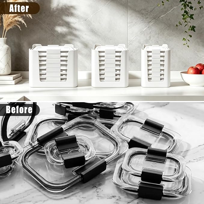 Stackable Food Container Lid Organizer, for Rubbermaid Brilliance Snap-on Lids, 3-Piece Kitchen Cabinet Storage Holds 24 Lids,White