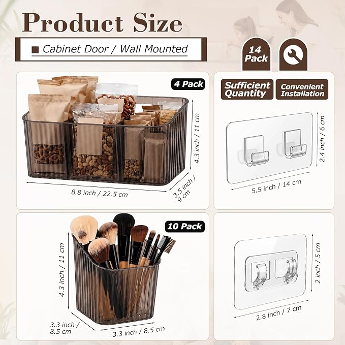 7 Pack Cabinet Door Organizer Adhesive Wall Mount Storage Bins Makeup Containers Stackable Organizer Basket for Kitchen Cabinets, Bathroom, Pantry, Office, Refrigerator (Frosted Gray)