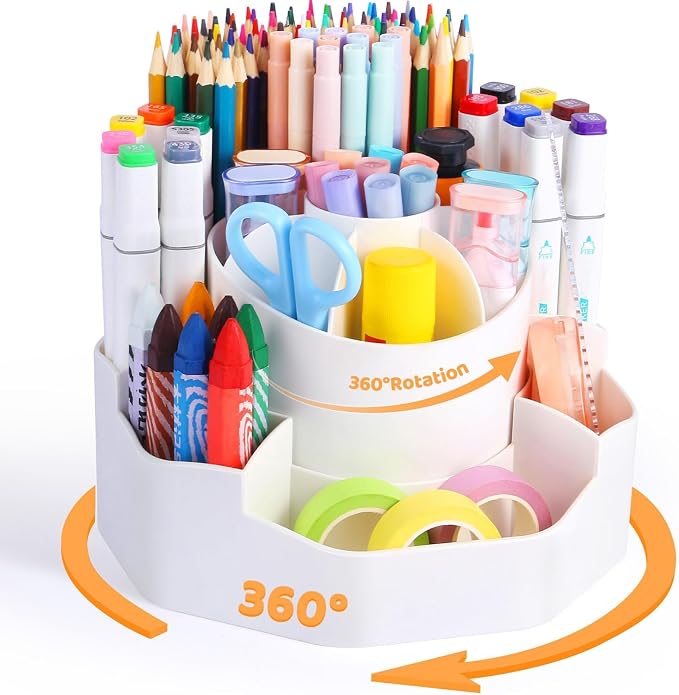 Rotating Desk Pen Organizer, 13 Storage Slots, Large Capacity Pen & Marker Holder, Multifunctional Desktop Organizer for Stationery, Cosmetics, and Kitchen (White)