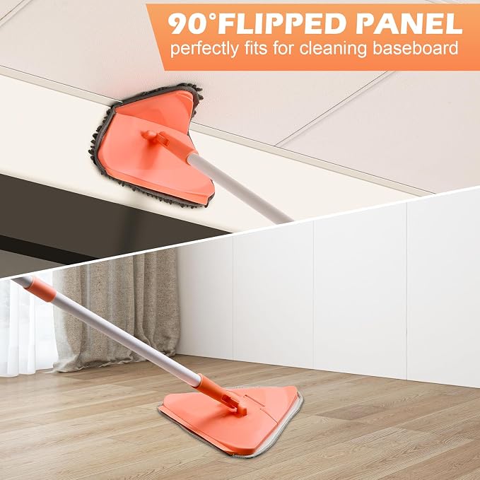 RONSUNG Wall Cleaner Mop, 82-Inch Handle, Baseboard Cleaner Tool, 6 Pads | Wall scrubber with long handle, triangle head, squeegee, and 6 pads for walls, ceilings, windows, baseboards, and floors