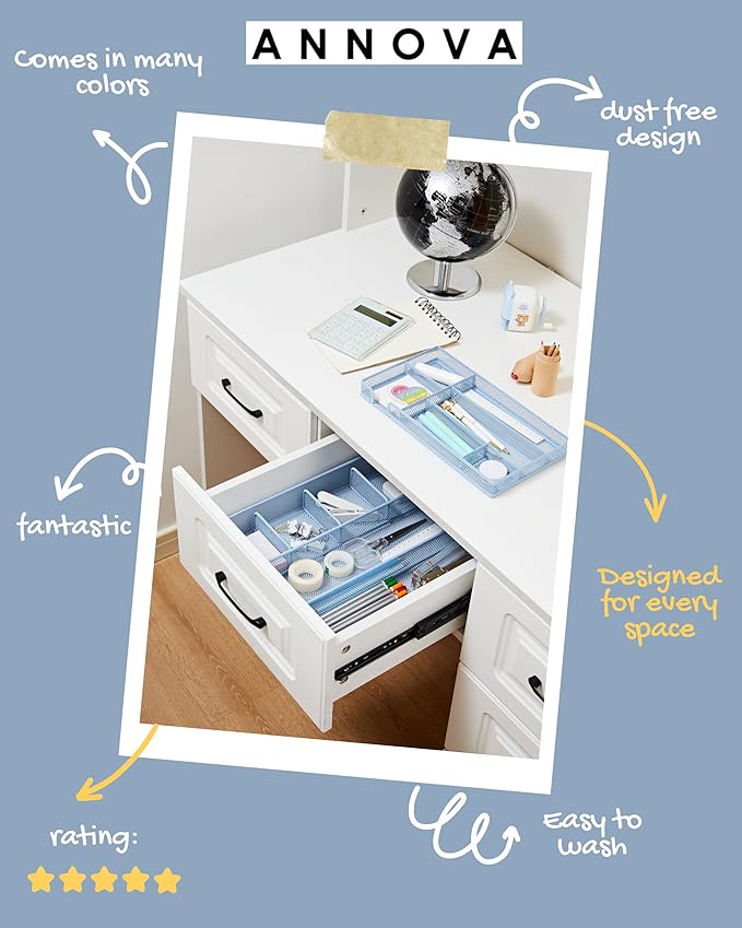 Annova Desk Drawer Organizer/Storage Tray - Metal Mesh with Dividers for Pens, Desktop Accessories, Bathroom, Kitchen, Makeup and Office Supplies (Small, Morandi Blue)