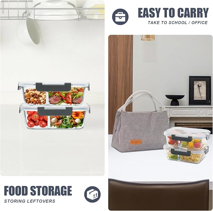 6pack, 34oz, 2 Compartment Glass Meal Prep Containers with Lids, Grey | Portion Control Lunch Containers, Glass Food Storage Containers with Airtight Lids, Microwave, Freezer, Dishwasher Safe