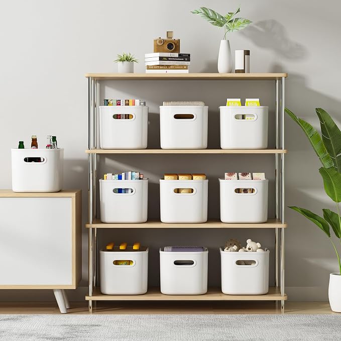 6 Pack White Storage Bins with Lids Stackable Storage Container for Organizing, Small Storage Boxes with Handle for Shelves, Cute Organizer Bins for Craft, Snacks, 9.85x6.9x5.7 inch