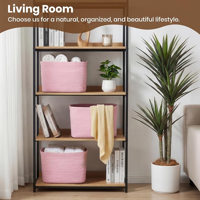 Storage Baskets for Organizing, 14 x 10 x 9” Closet Shelf Woven Baskets, Square Bins with Handles, Cotton Rope Basket for Clothes, Office, Room, Pink 3 Pack