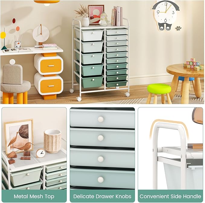 RELAX4LIFE 15-Drawer Storage Drawer Carts - Mobile Rolling Utility Cart | 34.5"H White Metal Frame, Gradient Green Drawers, Rolling Wheels; Classroom School Office Home Craft Utility Storage