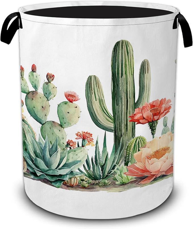 Cactus Succulent Laundry Basket,Greenery Flower Foldable Oxford Laundry Hamper with Handles,Collapsible Clothes Storage Basket for Bedroom,Bathroom,or Laundry Room,20.8 x 16 Inches