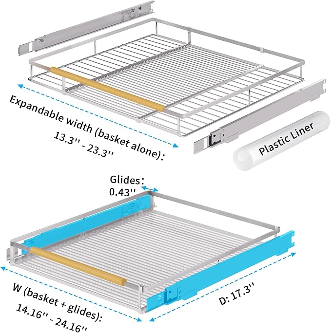 Expandable Pull Out Drawer Cabinet Organizer, Adjustable Width Bottom-Mounted Slide Out Storage Shelves for Cabinets, Required Cabinet Size (14.16"~24.36", D≥17.3"), 2 Pack
