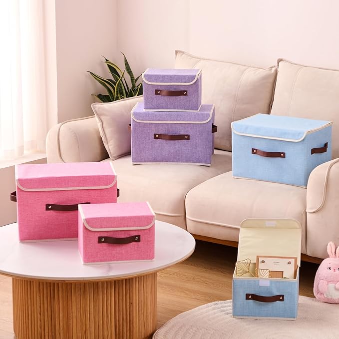 Storage Boxes with Lid Cotton Linen Fabric Storage Bins Organizer Container Decorative Collapsible Washable Shelf Baskets Faux Leather Handles for Home Bedroom Closet (Light Blue, Small)