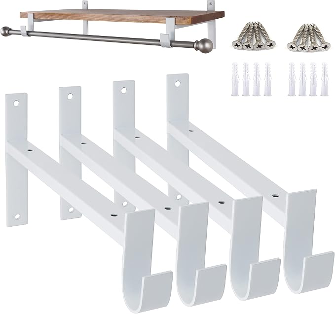 AddGrace Closet Rod Bracket Heavy Duty Shelf Brackets White 10 Inch 4 Pack | Fit for Closet Wardrobe Laundry Room and Kitchen, with Hook, Store Above and Hang Below, Supports 66 lbs, Easy to Install