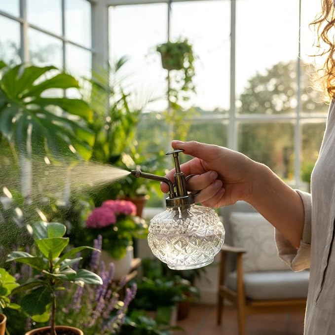 OFFIDIX Plant Mister, 300ML Vintage Glass Spray Bottle with Plastic Top Pump, Small Decorative Spritzer Watering Can for Indoor Outdoor House Plants (Clear)