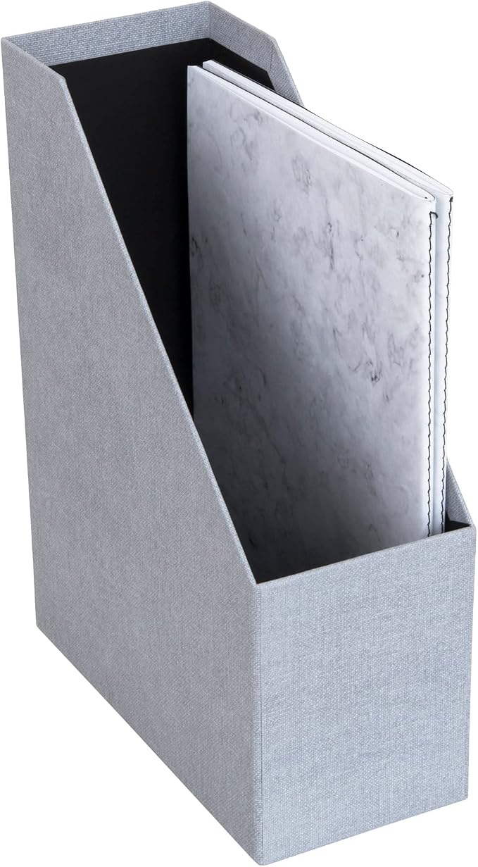 Bigso Box of Sweden Estelle Canvas Fiberboard Upright Magazine Storage Box | Magazine Holder & Organizer for Papers & Catalogs w/Leather Handle for Office Desks | 12.6in x 4.5in x 9.8in | Ash