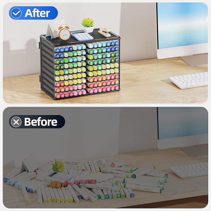 Marbrasse Mesh Marker Organizer, 9-Tier Rack Holds 126 Markers, Black | Marker Holder, Space-saving Vertical Design, Desktop Storage for Office Classroom & Home Art Supplies