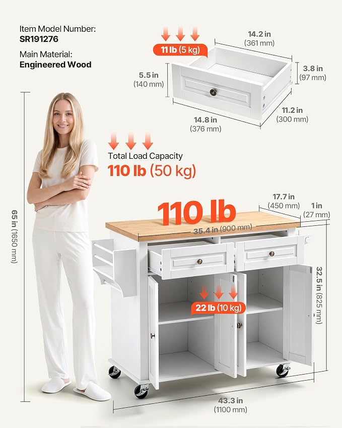 VEVOR Kitchen Island Cart with Storage, 43.7 in Wide Mobile Rolling Storage Island on Swivel Wheels, with 2 Drawers, Storage Cabinet, Spice/Towel Rack, Hooks, Table for Home Dining Room, White