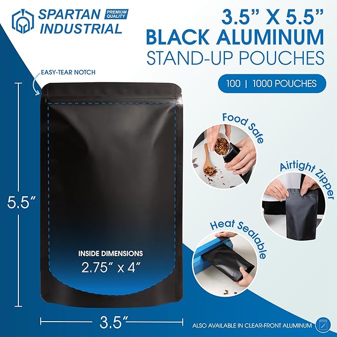 Spartan Industrial 3.5" X 5.5" Matte Black Stand-Up Mylar Bags - 100 Count Small Smell-Proof Bags With Heat Sealable Opening and Resealable Zipper