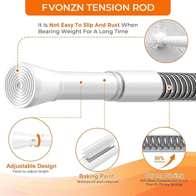 Tension Curtain Rod 30-64 Inch 7/8" Diameter, Adjustable No Drilling White Spring Loaded Curtain Rods for Window, Doorway, Bathroom, Closet, Kitchen, Shower Stall