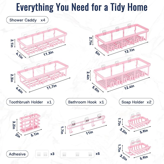 8 Pack Adhesive Rustproof Shower Caddy with Soap Dishes, Toothbrush Holder & Hooks, Large Capacity No-Drilling Shower Shelves Rack for Bathroom Organizers and Storage Accessories, Pink