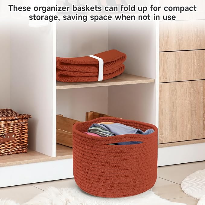 Small Rope Baskets for Storage, Baskets for Gifts Empty, Cute Round Woven Basket, Decorative Shelf Baskets 9.82×9.82×7.1", Cotton Toy Basket Storage Bins for Organizer 3 Packs-Brick Red
