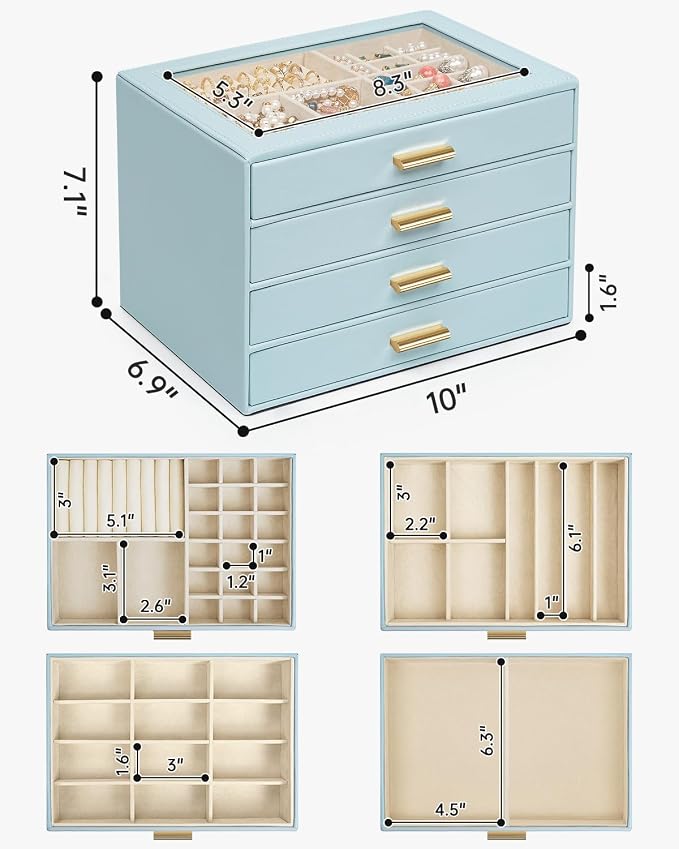 AKOZLIN Jewelry Box with Clear Lid Functional Leather Jewelry Storage Organizer Case 4 Drawers for Women Girls Necklace Ring Bracelet Earring BlueGrey