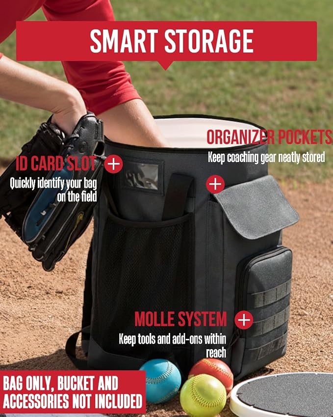 Baseball Bucket Bag, Softball Coaches Bags Fit 6 Gallon Buket, Baseball Coaching Accessories with Multiple Pockets
