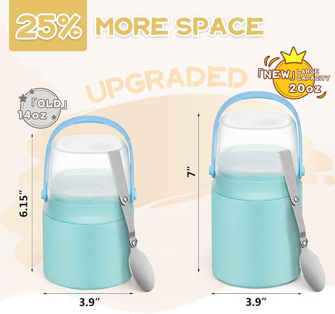 20oz Soup Thermo for Hot Food with a Snack Box Container，Leak Proof Insulated Lunch Container Kids and Adults，Stainless Steel Double Wall Vacuum Wide-mouth Food Jar with Spoon and Handle（Sky Blue）