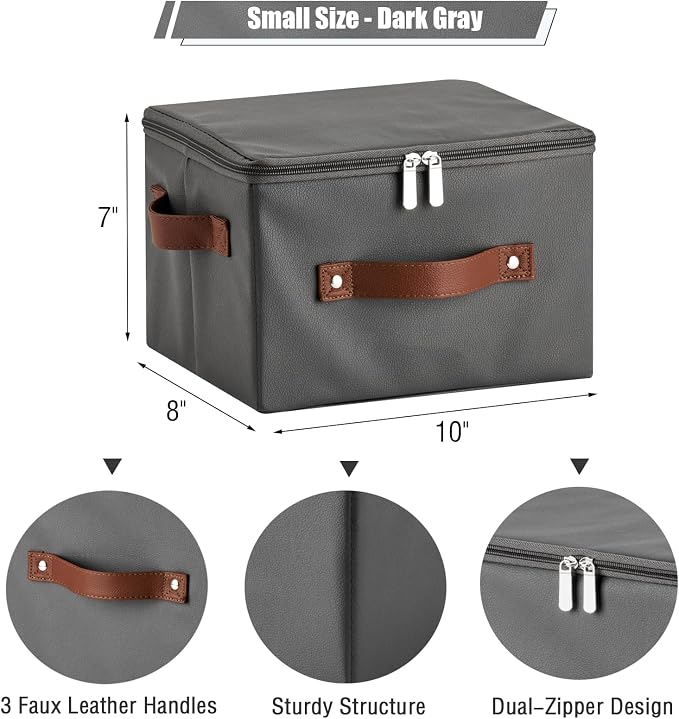 2PCS Storage Bins with Zipper Lid PU leather Storage Boxes Leather Fabric Collapsible Lidded Baskets Cube with Handle Decorative Shelves Closet Organizer Container(Dark Gray, Small Size)
