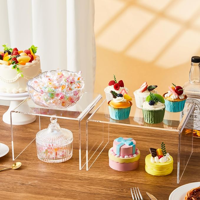 RattanView 2 Pcs 8 Inch, 10 Inch Large Acrylic Risers Display Stands 5 mm Thick Acrylic Shelf Riser Showcase for Collectibles Jewelry Cupcakes Food Figures Perfume Cabinet (Clear)