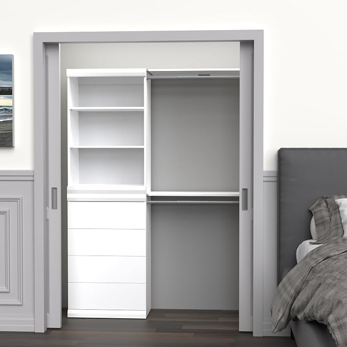 ClosetMaid Mosaics Storage Organizer Kit Includes; (1) 3-Shelf Unit, (1) 4-Drawer Unit, and (2) Shelf & Rod Units, White