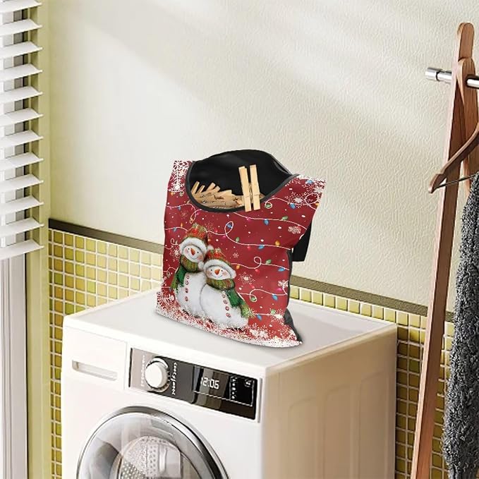 Christmas Snowman Laundry Clothespin Bag Holds 100 Medium-Sized Clothes Pins, Red Waterproof Polyester Material, 2 Ropes for Hanging and Effortlessly Sliding on Clothesline